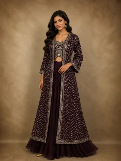 Wine Heavy Sequins and Zari Embroidered Design Crushed Indo Western Skirt Top with Long Jacket
